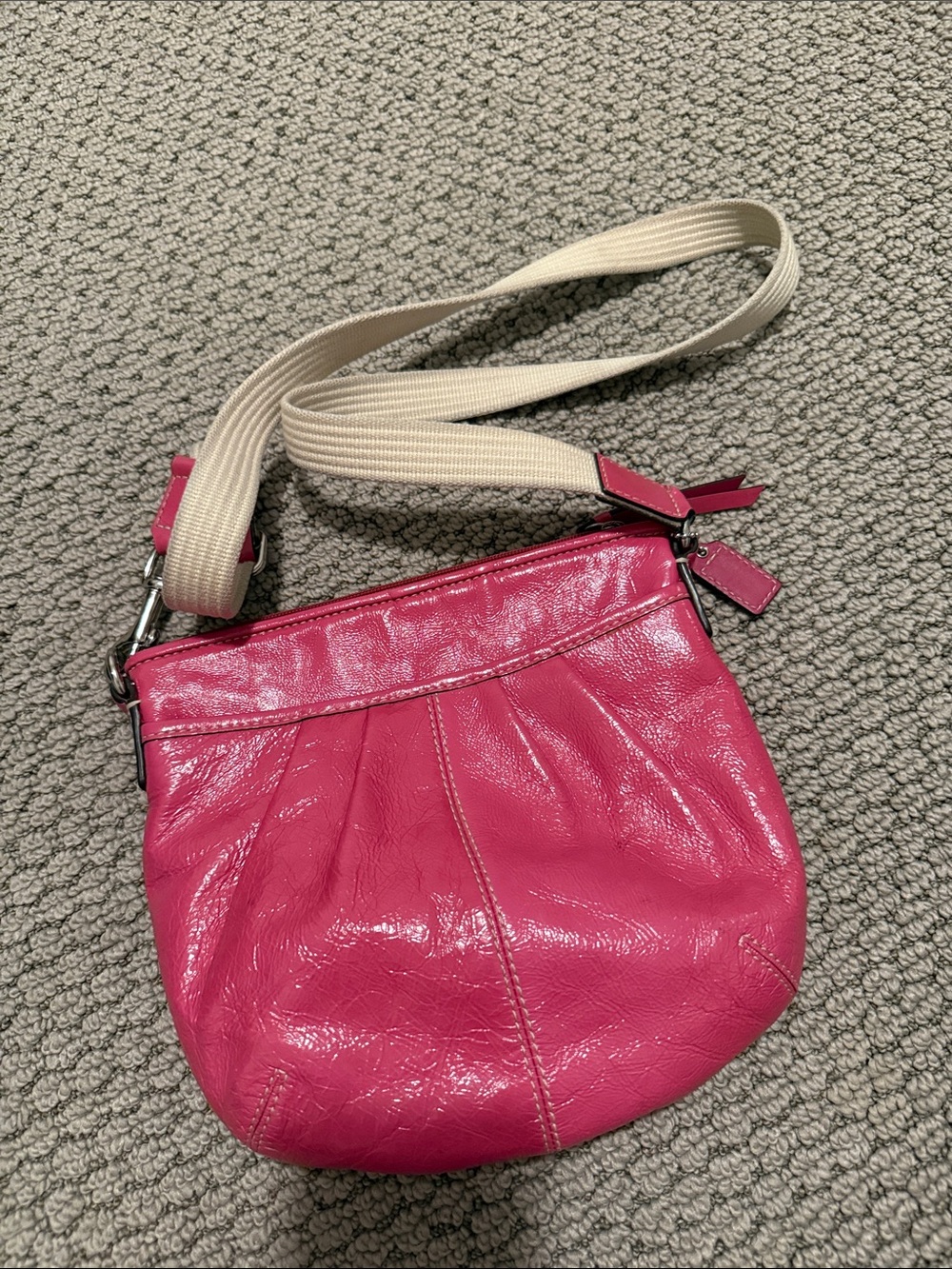 Vintage Coach Patent Leather Pink Crossbody Bag with Neutral Strap